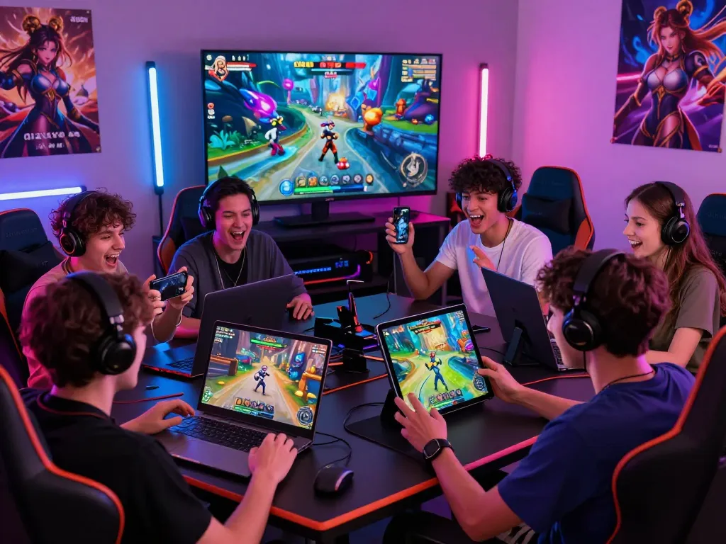 Players enjoying a vibrant hentai game on multiple devices, displaying excitement and engagement.
