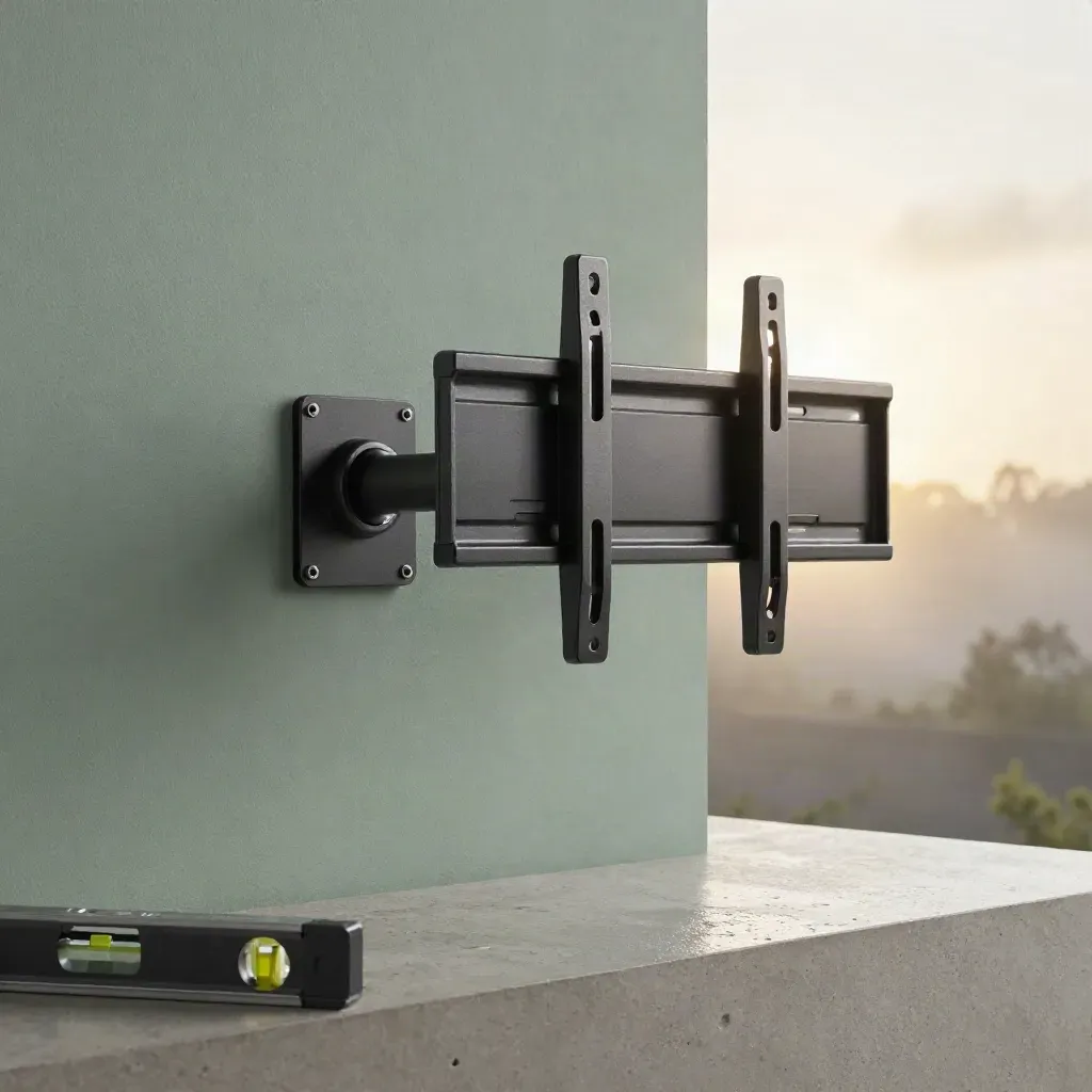 Full-motion TV mount with hardware and level on a moody studio surface.