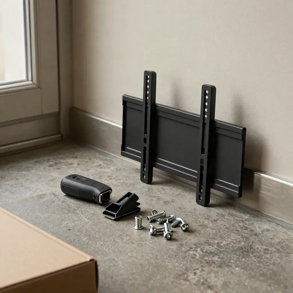 Open wall-mount kit bundle with bracket, stud finder, clips and fasteners on stone in dramatic light