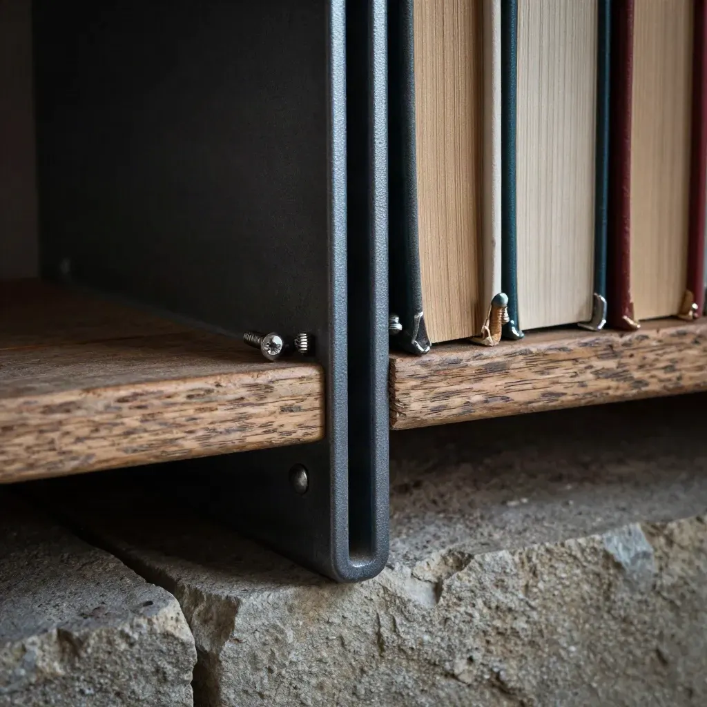 Macro of heavy shelf brackets, oak offcuts, and screws on wood and stone.