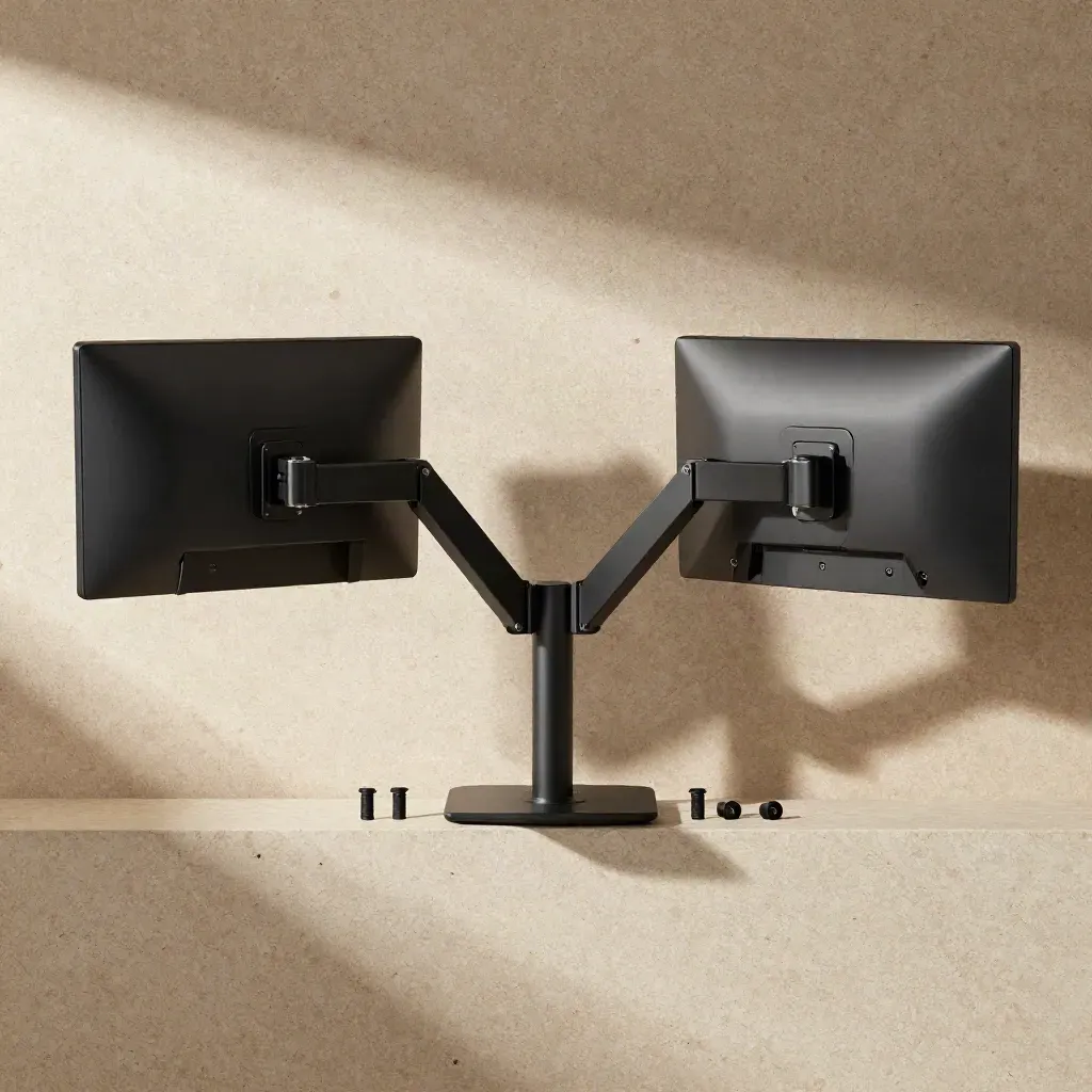 Overhead flatlay of a dual monitor arm with mounting hardware on travertine.