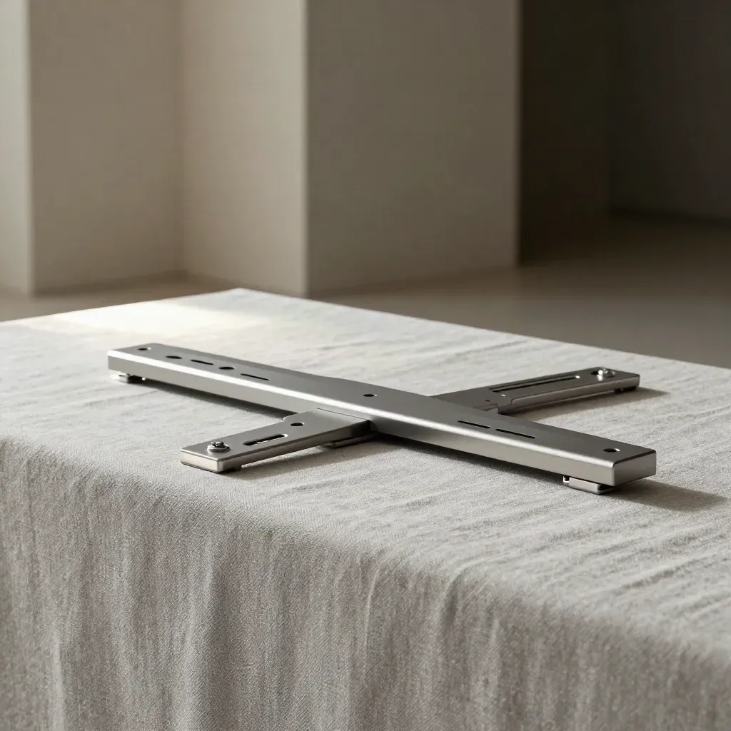 Low-profile TV mount hardware with anchors on a linen-draped bench in soft side light.