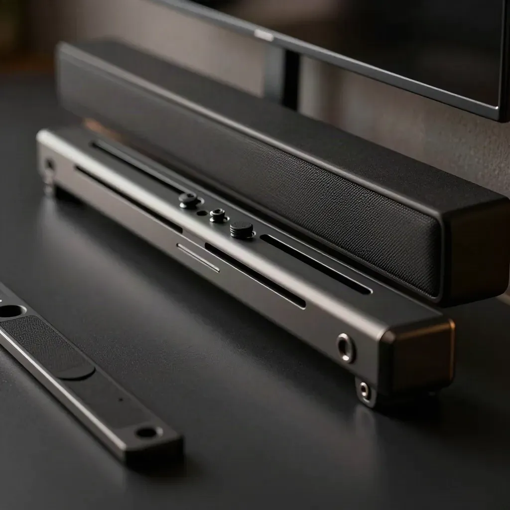 Extreme macro of a soundbar wall mount with rails, pads, spacers, and screws on a dark surface.