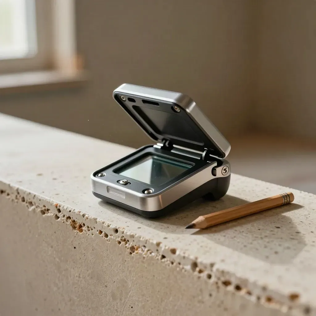Stud finder kit on travertine with screws and pencil stub, lit by soft side daylight.