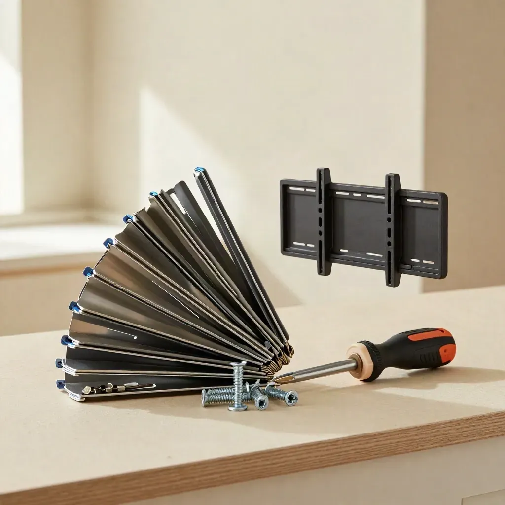 Starter mount kit with TV mount, brackets, clips, and stud finder on a warm studio surface.