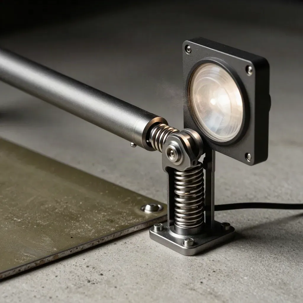 Macro side view of a monitor arm with gas spring, clamp base, and white spacer in dramatic light