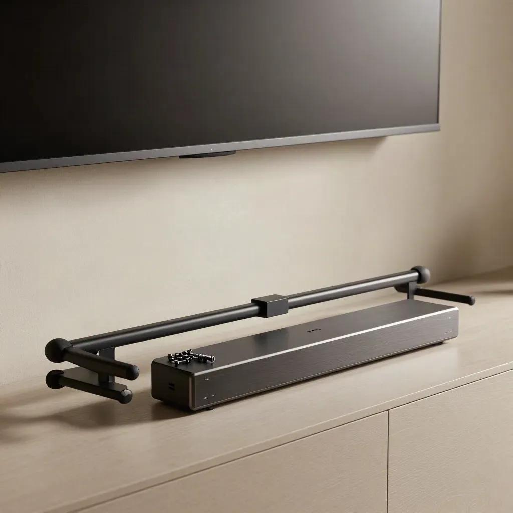 Soundbar shelf mount with hardware aligned beneath a wall TV on a creamy studio surface.