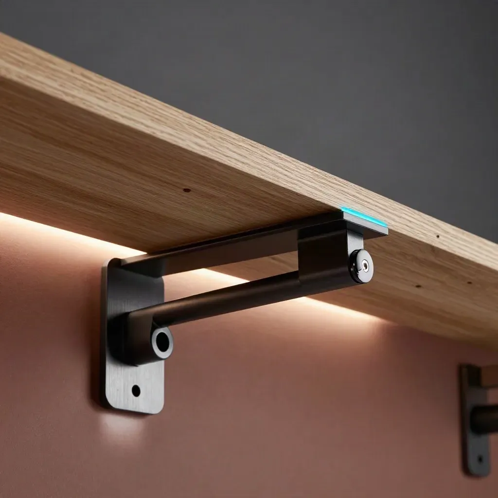 Floating shelf brackets and timber shelf edge locked mid-installation in moody studio light.