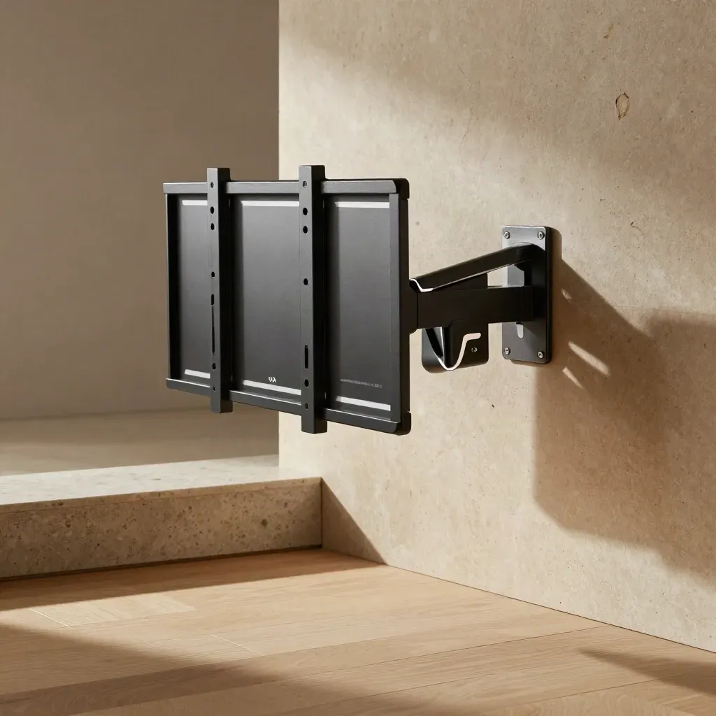 Corner TV mount mid-swing in a warm wall corner, brushed-silver arm and black screen edge