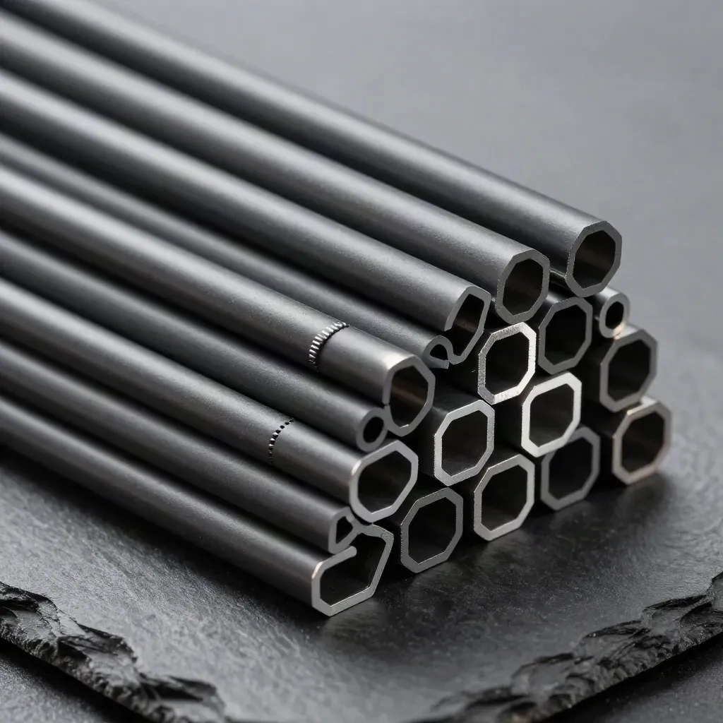 Macro of charcoal cable cover raceways and elbow joints arranged diagonally on dark slate.
