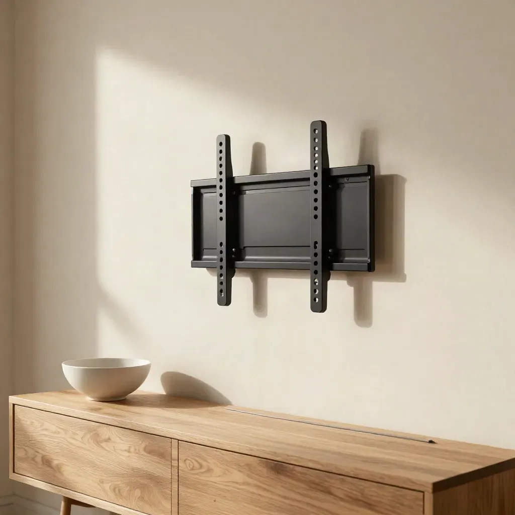 Modern living room wall with TV mount bracket above oak console in soft morning light