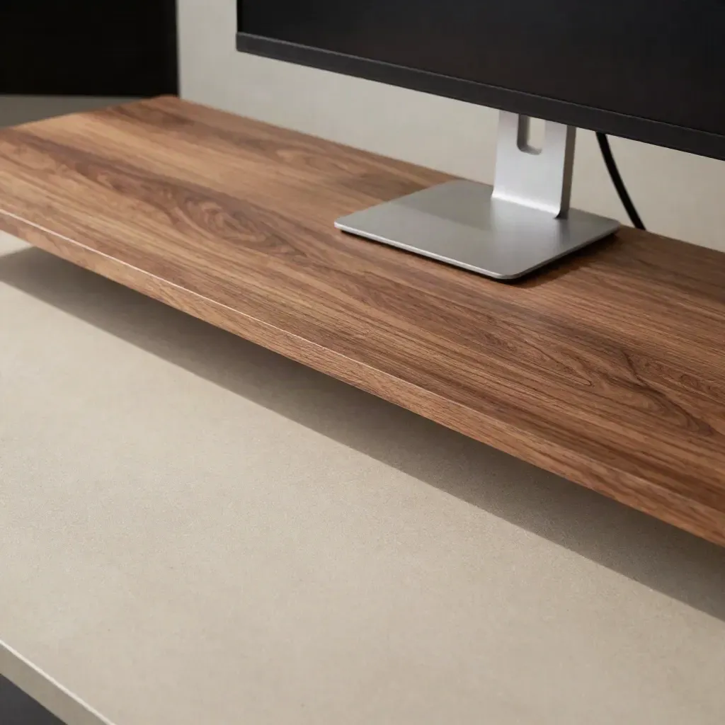 Walnut desk nook with brushed aluminum monitor arm hardware and a blurred monitor above.