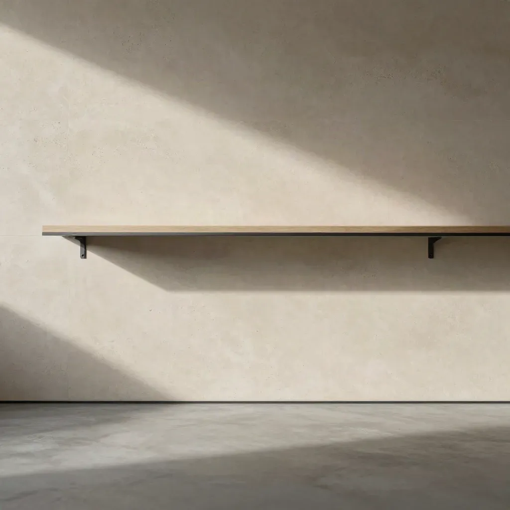 Limestone wall, charcoal shelf shadow, pale oak ledge and concrete floor in a calm sunlit interior.