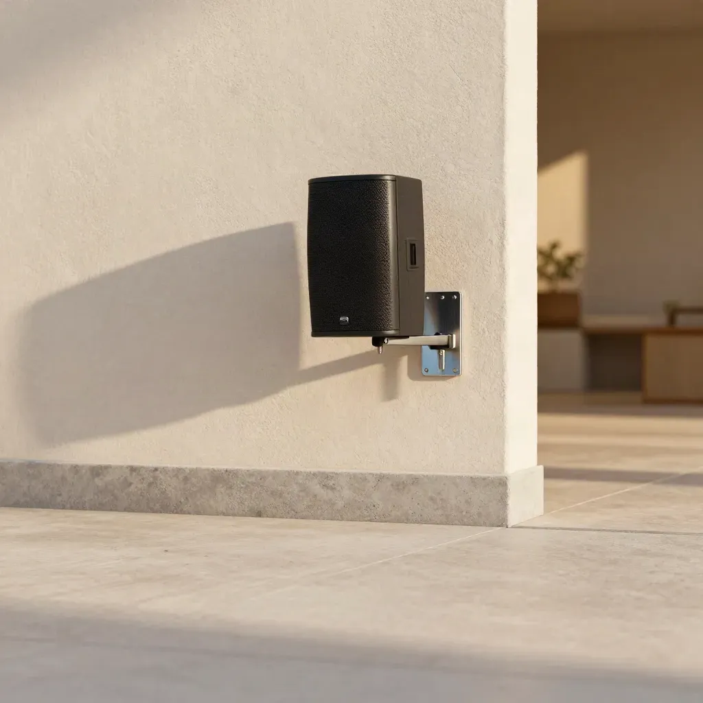 Sunlit terrace with speaker mounts and warm stucco wall at golden hour.