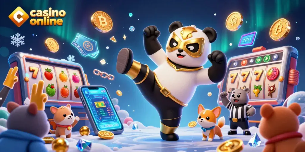 Un emocionante casino online con un panda luchador y un chihuahua, rodeados de símbolos de tragamonedas y monedas digitales.