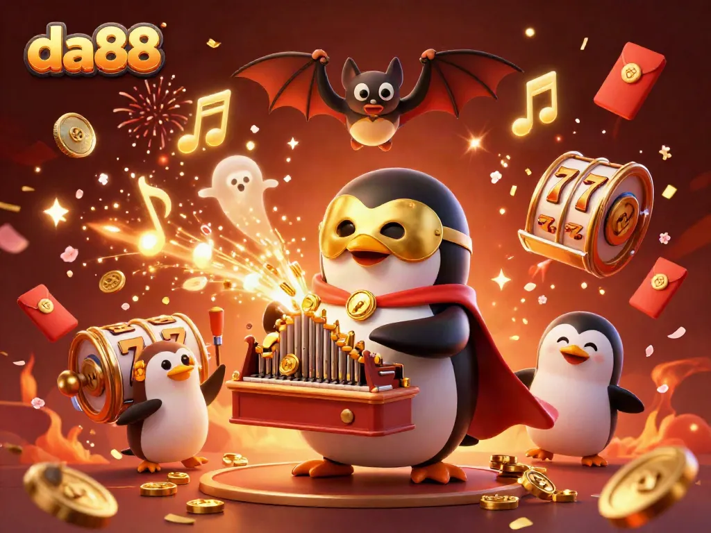 Experience the excitement of da88 with a cartoon penguin at an elegant casino scene full of celebrations and games.