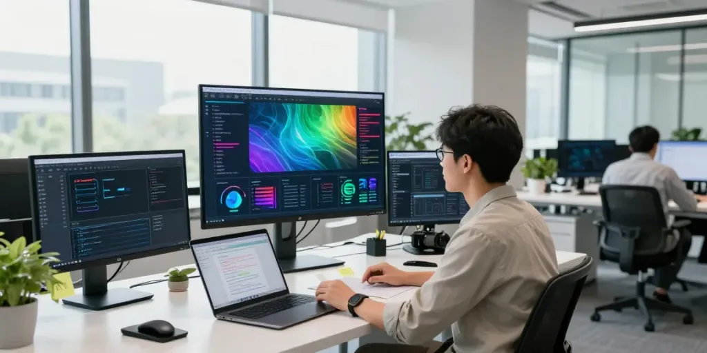 Data scientist visualizing enterprise AI models in a modern office.