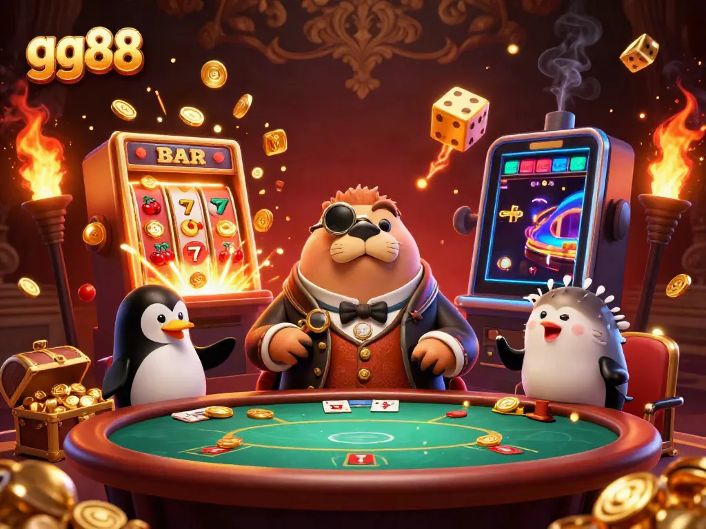 Experience intense poker at GG88 with a walrus, penguin dealer, and pufferfish bluffing in a vibrant underwater scene.
