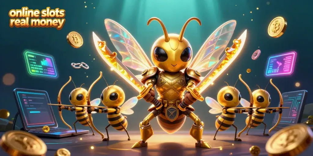 Engaging illustration of online slots real money, featuring a hornet warrior and buzzing bee archers amidst coins and digital elements.