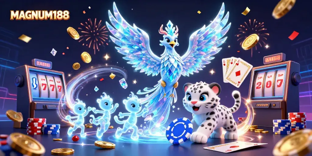 Experience the excitement of MAGNUM188 with ice phoenix, poker chip, and vibrant casino elements.