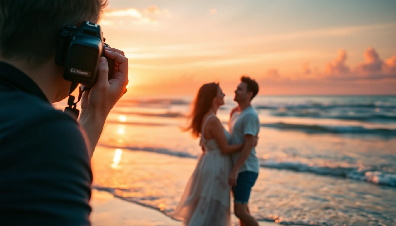 Destination photographer capturing a romantic moment on a sun-drenched beach.