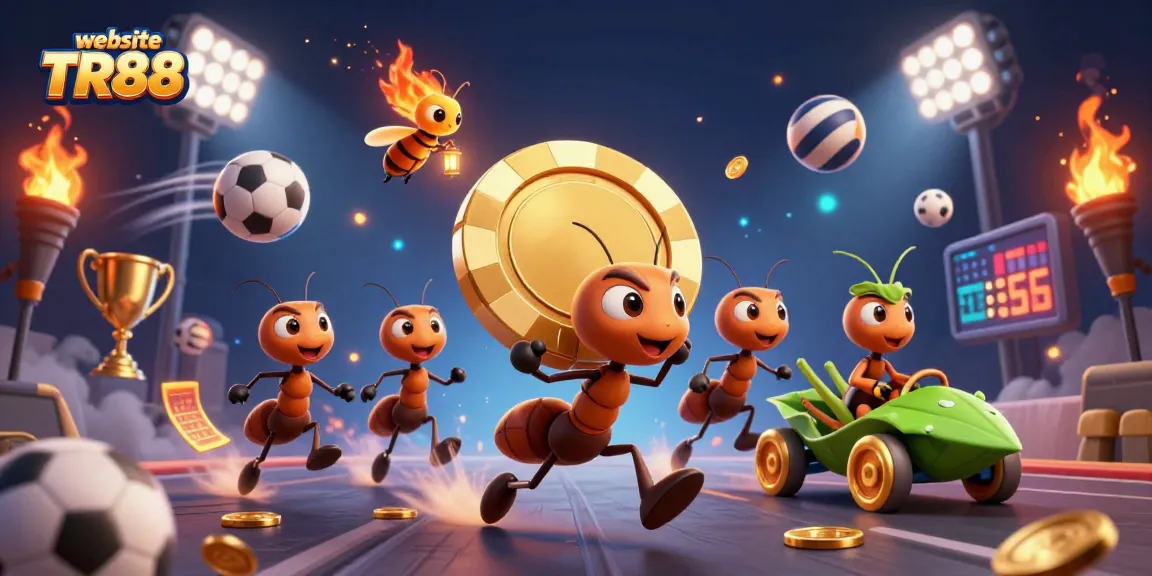 Engage with thrilling gameplay at website TR88 featuring a whimsical scene of ants executing a heist.