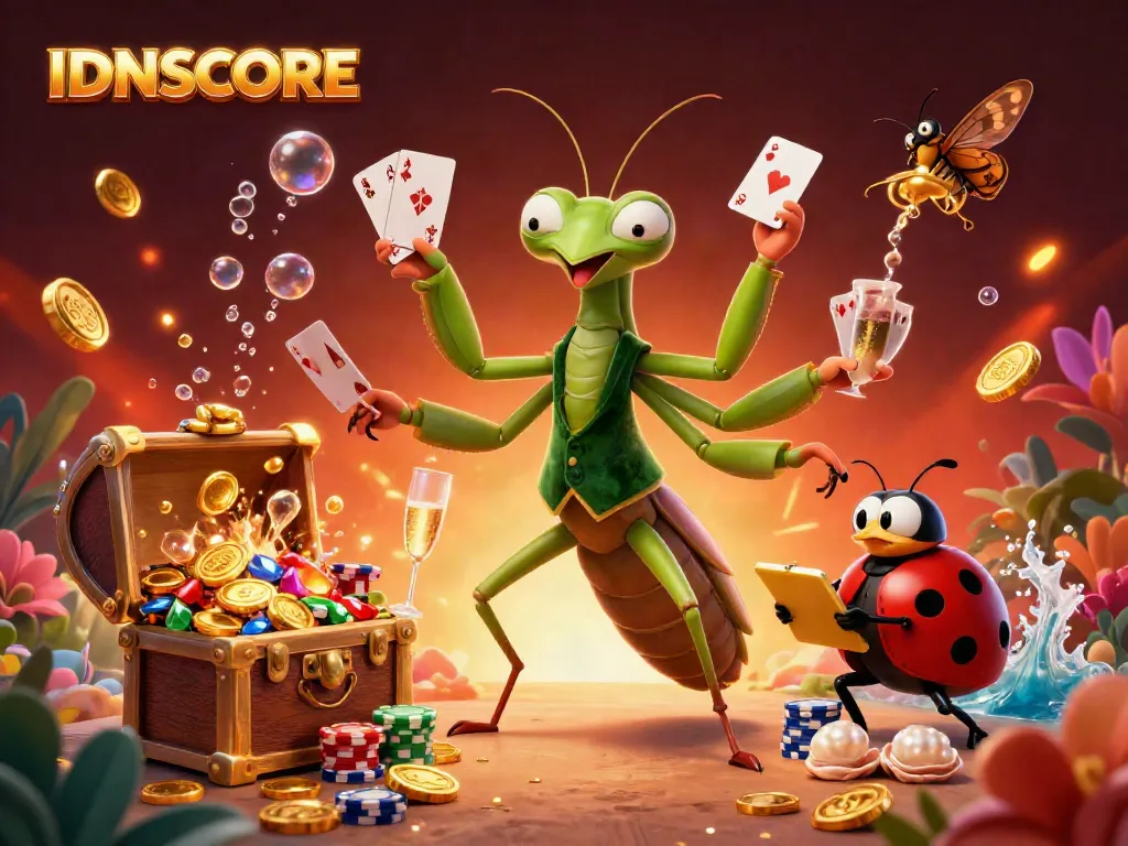 Experience IDNSCORE with a vibrant 3D scene of a giant mantis card sharp, ladybug pit boss, and stunning gambling elements.
