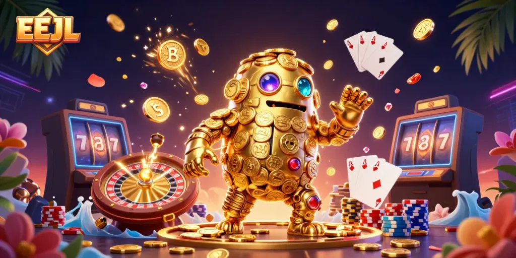 Experience the excitement of EEJL casino games with a vibrant, rich 3D scene featuring a golden golem and classic casino elements.