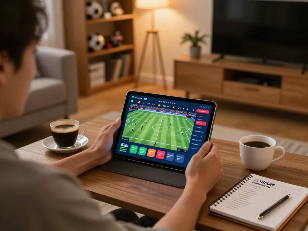 SOCOLIVE user engaged in online sports betting, enjoying live football matches at home.