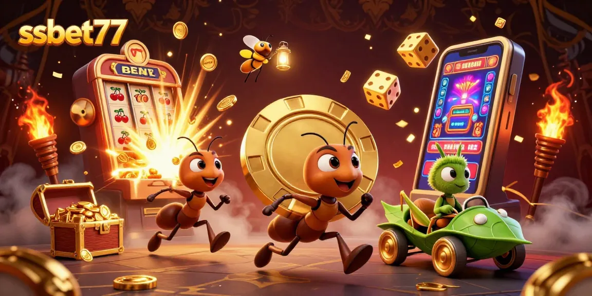 Experience thrilling gaming action with ssbet77 as ants heist a giant poker chip amidst a vibrant casino scene.