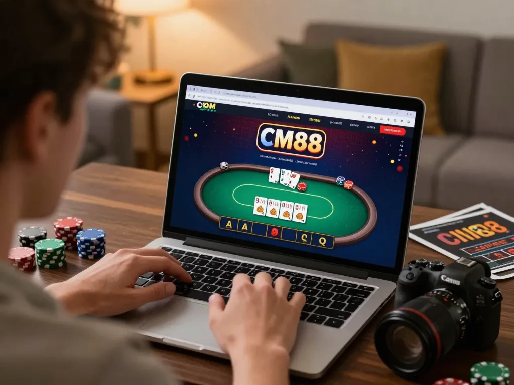 Engaging gaming moment focused on CM88 COM poker interface, showcasing strategic play in a home setup.