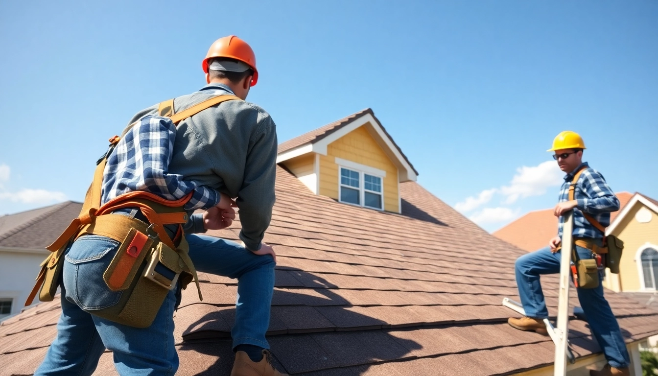 Experienced roofing company team diligently installing a rooftop over a suburban home.
