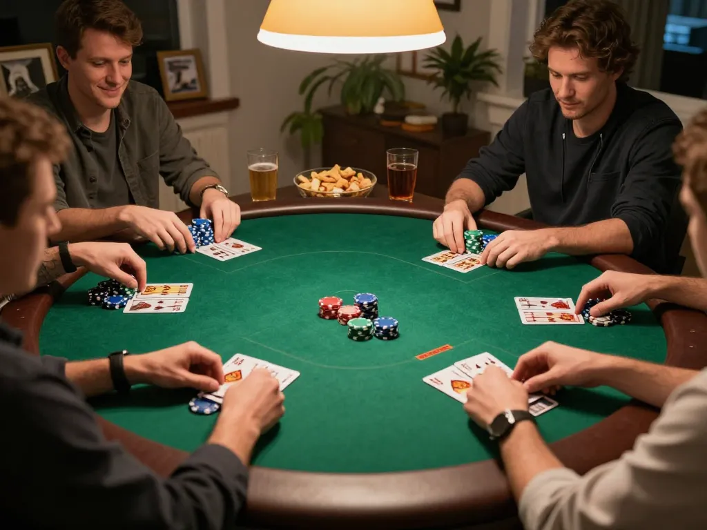 Players enjoy a thrilling poker game with rokok 88 at a cozy home setting, showcasing vibrant chips and cards.