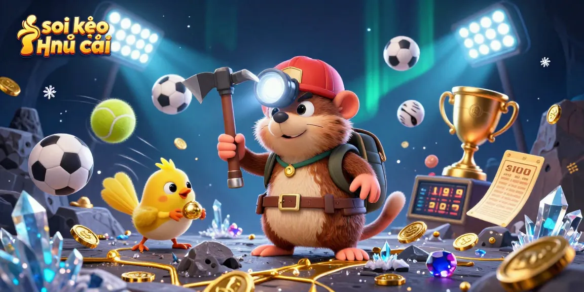 Soi kèo nhà cái illustration of a treasure hunter mole and canary in a dynamic sports betting scene.