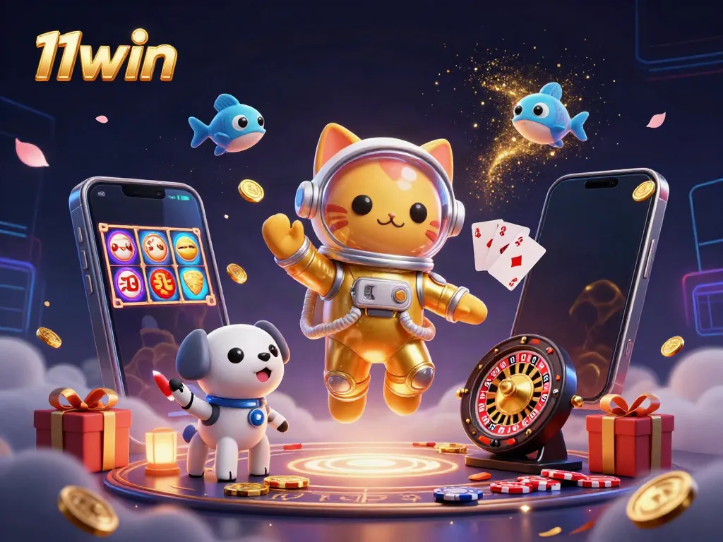 Engage in thrilling gaming experiences with 11win, featuring a vibrant 3D cartoon illustration of an astronaut cat and a robot dog.