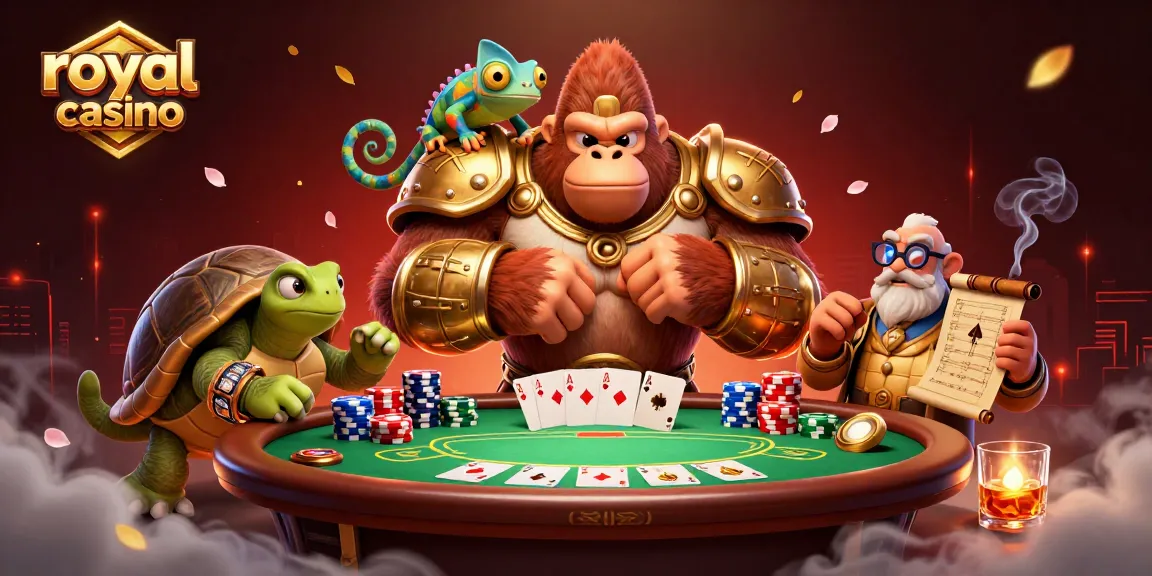 Experience vibrant gameplay at royal casino with a gorilla king and chameleon in a festive atmosphere.
