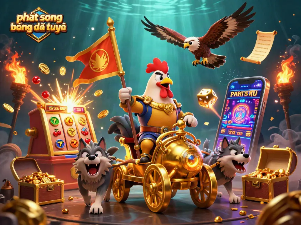 Experience phát sóng bóng đá trực tuyến with a thrilling scene of a rooster warlord commanding fierce wolves amidst a casino celebration.