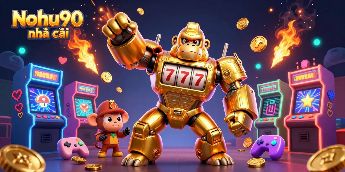Experience Nohu90 nhà cái with a dynamic illustration showcasing golden gorilla mech, jackpot elements, and arcade excitement.