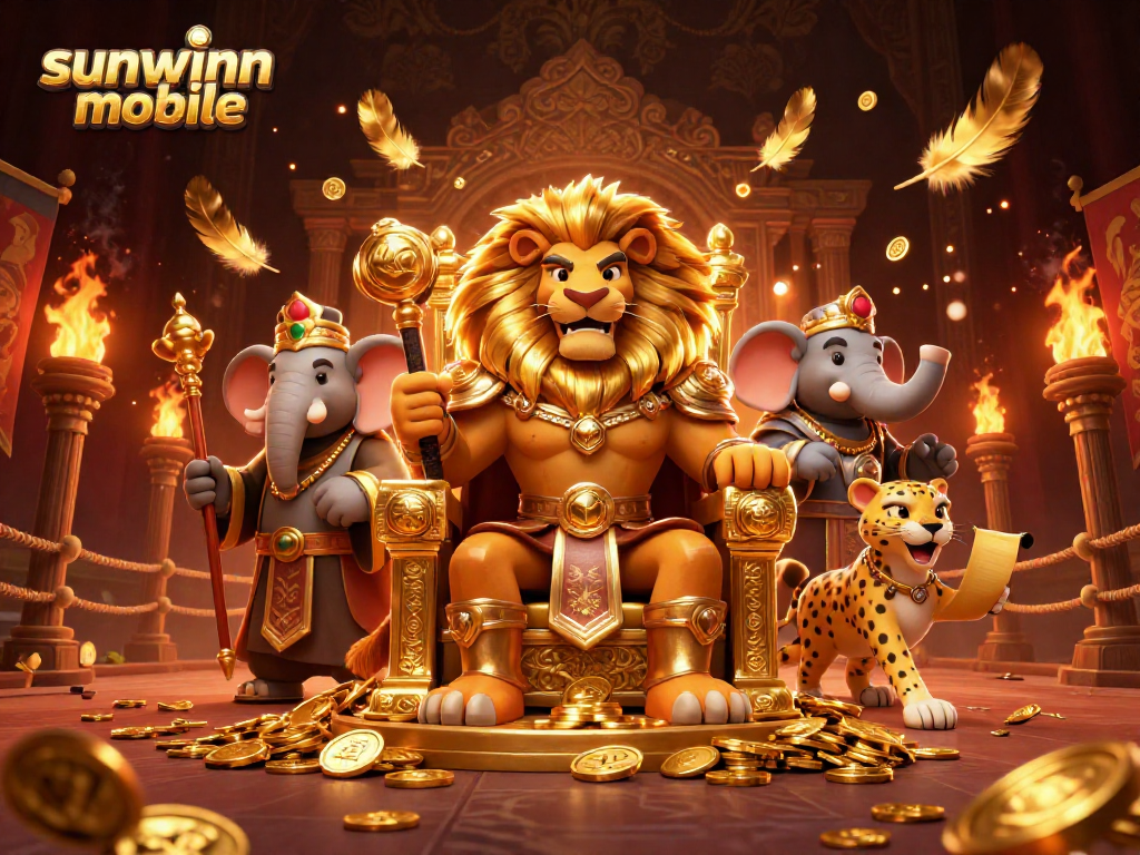 Hình ảnh sunwinn mobile với sư tử, voi và báo trong sòng bạc đầy màu sắc.