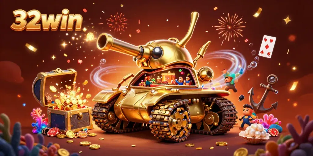 Experience the thrill of 32win with a whimsical golden beetle tank casino scene.