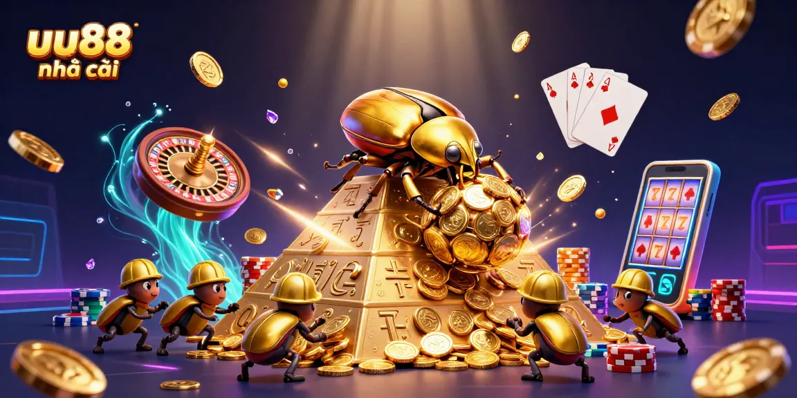 Engage with uu88 nhà cái through a dynamic 3D illustration of a golden beetle navigating a pyramid of coins.