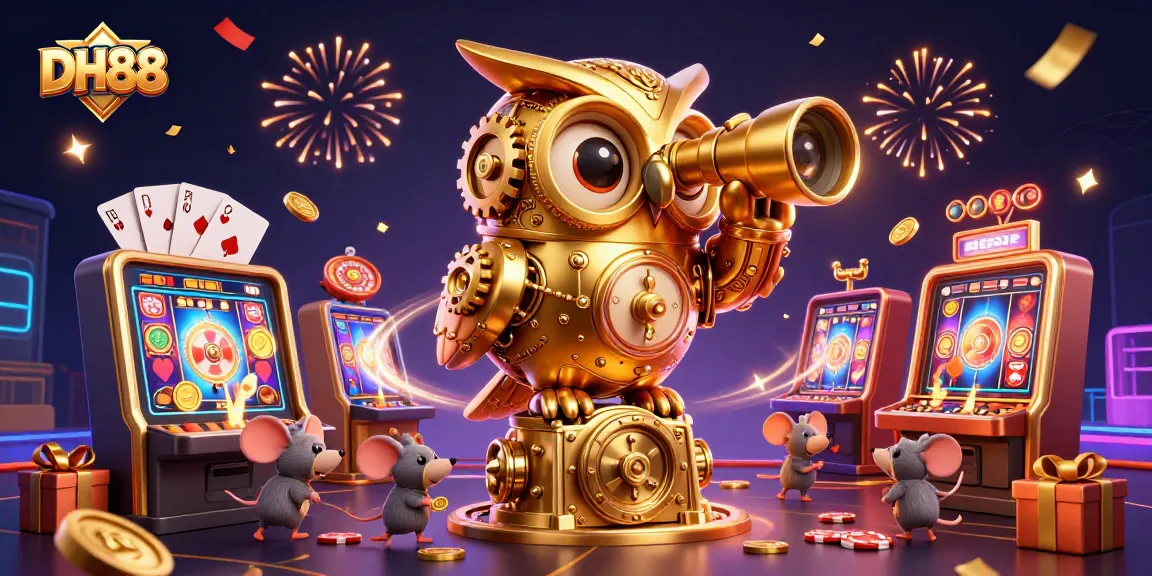 Engage with the thrilling atmosphere of DH88’s gaming world featuring a golden owl, vibrant casino elements, and festive confetti.