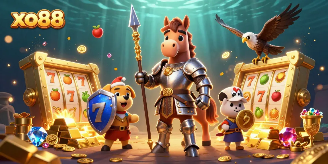 Experience thrilling gameplay at xo88 with engaging slot reels and vibrant treasure elements in this dynamic illustration.