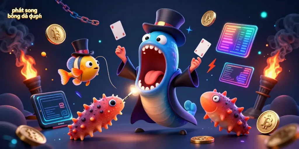 Experience high-quality phát sóng bóng đá trực tuyến with a vibrant 3D scene showcasing exciting characters and gaming elements.