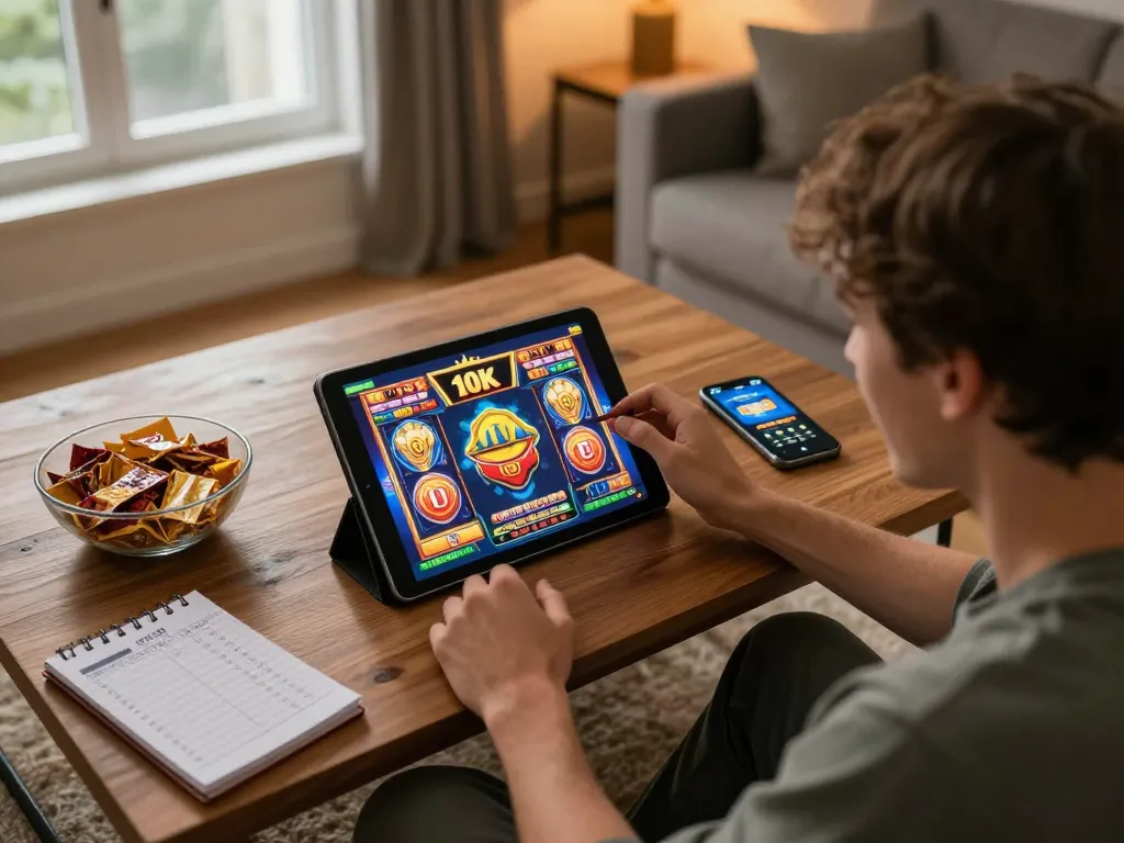 Player spinning the reels on slot 10k game, aiming for big wins in a cozy home gaming setup