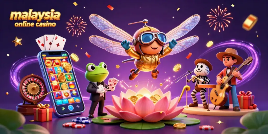 Experience the excitement of a malaysia online casino with a vibrant 3D illustration featuring casino games and characters.