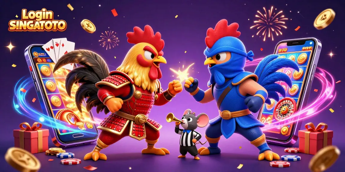 Login SINGATOTO, ayam jantan berkelahi di arena bertema kasino yang penuh gemerlap.