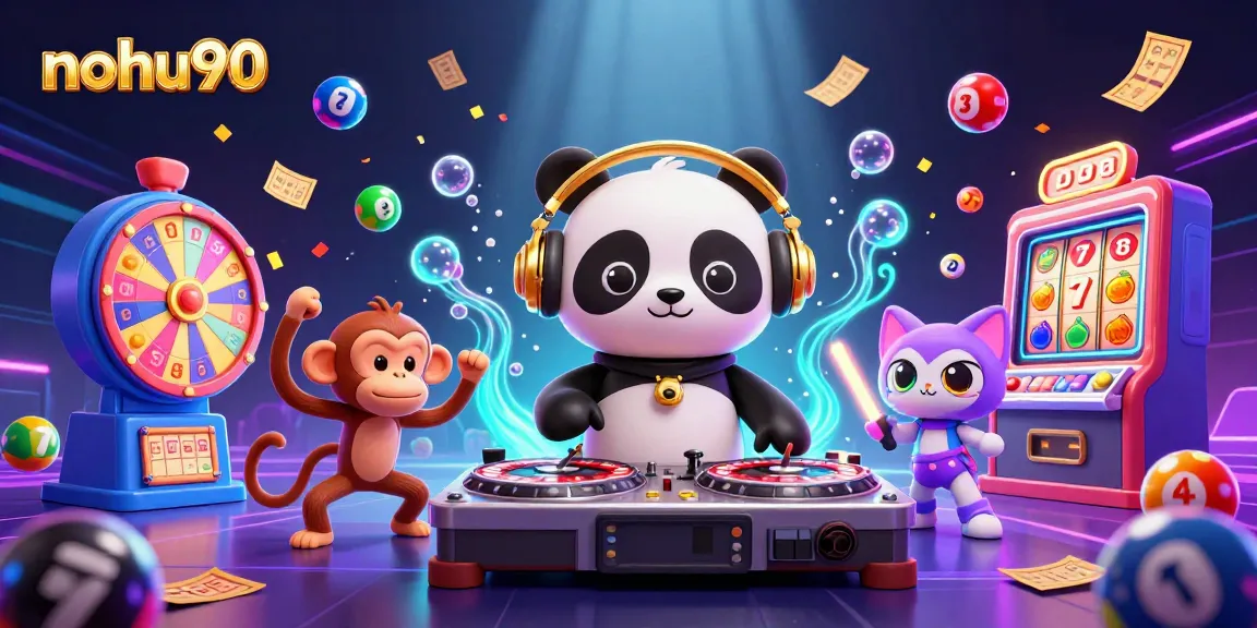 Engage in vibrant gambling fun with nohu90, featuring a DJ panda and lively creatures spinning and dancing.