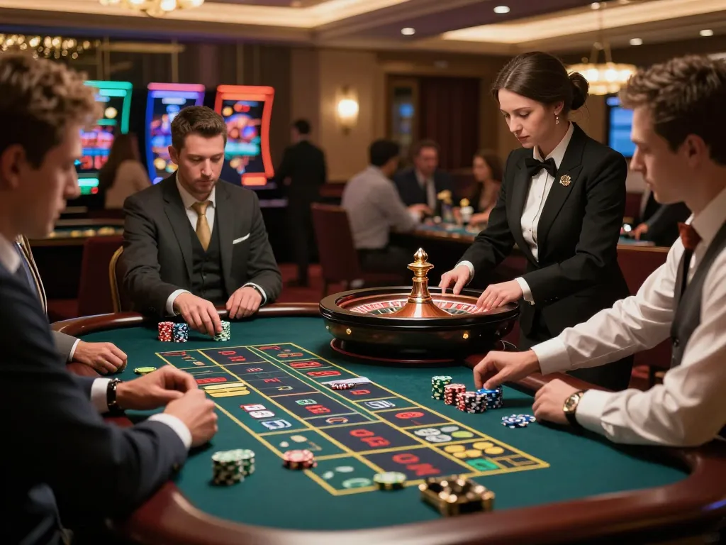 Kuwin roulette table showcasing players in action, croupier spinning wheel with colorful chips around.