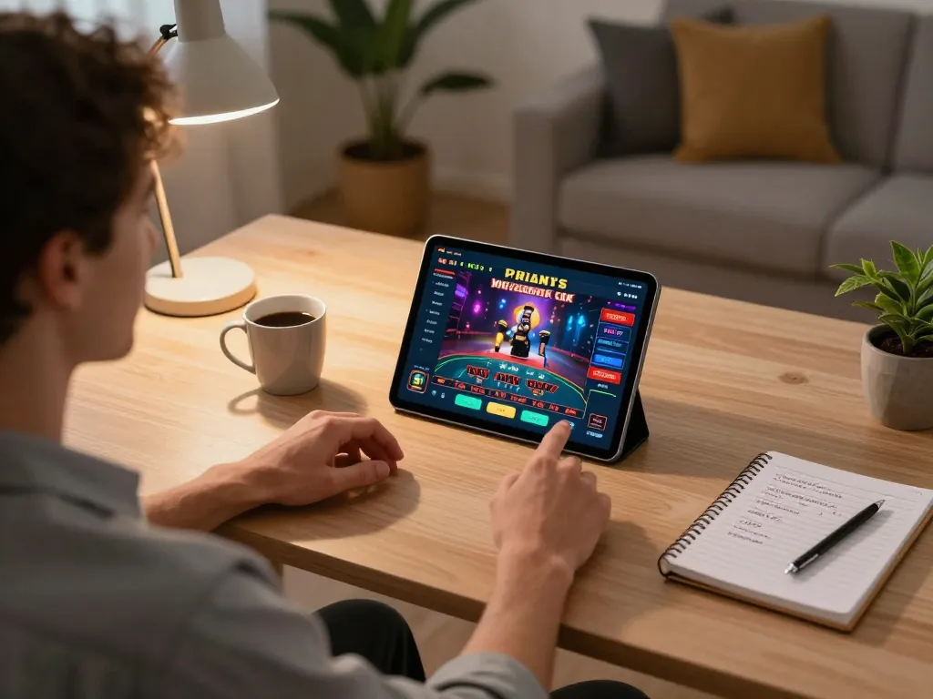 Player engaging in online gaming at home, showcasing nhacaiuytin's strategic insights and user-friendly interface.